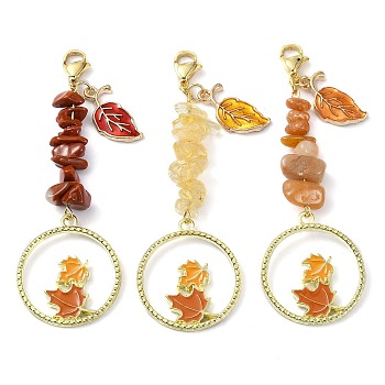 3Pcs Alloy Leaf Enamel Pendants Decorations, with Zinc Alloy Lobster Claw Clasps and Natural Red Jasper & Red Aventurine & Citrine, Golden, 76mm, 3 styles, 1pc/style