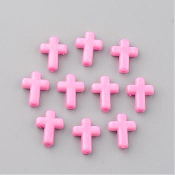 Opaque Acrylic Beads, Cross, Pink, 16x12x4.5mm, about 1230pcs/500g