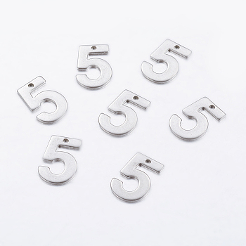 304 Stainless Steel Pendants, Number, Num.5, 11x8x0.6mm, Hole: 0.5mm