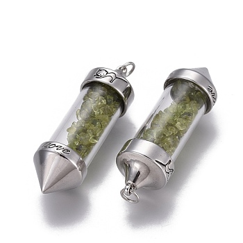 Natural Peridot Big Pointed Pendants, Dowsing Pendulum Pendants Making, with Brass Findings, Bullet, Antique Silver, 57x17mm, Hole: 4mm