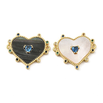 Brass Pave Colorful Cubic Zirconia Connector Charms, Heart Links with Mixed Shell, Long Lasting Plated. Cadmium Free & Lead Free, Real 18K Gold Plated, 17.5x20.5x3mm, Hole: 1mm