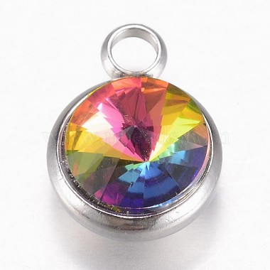 Stainless Steel Color Colorful Flat Round Glass Charms