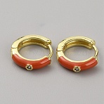 Enamel Hoop Earrings with Clear Cubic Zirconia, Light Gold Brass Jewelry for Women, Dark Orange, 12.5x13.5x3mm, Pin: 1mm(EJEW-WH0004-39B)