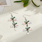 1 Pair Alloy Dangle Earrings, with Imitation Pearl Beads, Floewr, Golden, 74.5x14mm(EJEW-LP0013-14)