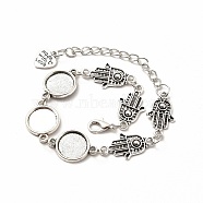 Alloy Bracelets & Anklets Making, Hamsa Hand Link Bracelet with Heart Charm, Blank Cabochon Setting, Antique Silver, 10-1/4 inch(25.9cm), Round Tray: 12mm(MAK-M027-01AS)