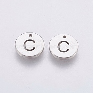 304 Stainless Steel Charms,  Flat Round with Letter, Stainless Steel Color, Letter.C, 10x1mm, Hole: 1mm(STAS-P212-15P-24)