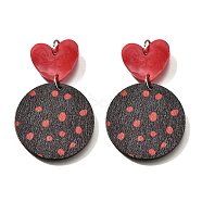 Poplar Pendants, Flat Round with Polka Dot Pattern & Heart Charms, with Arylic & Platinum Loop, FireBrick, 55.5x34.5x2.5mm, Hole: 5mm(FIND-B045-20B)