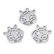 201 Stainless Steel Pendants, Laser Cut, Tiger Head, Stainless Steel Color, 15x13x1mm, Hole: 1.4mm(STAS-T044-282P)