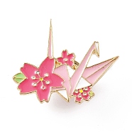Pink Enamel Pin, Light Gold Alloy Badge for Backpack Clothes, Paper Crane Pattern, 26.5x32x2mm, Pin: 1mm(JEWB-A007-01LG-A)