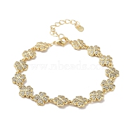 Rack Plating Brass Pave Clear Cubic Zirconia Clover Link Chain Bracelets for Women, Cadmium Free & Lead Free, Long-Lasting Plated, Real 18K Gold Plated, 7-1/8 inch(18.2cm)(BJEW-R317-08G)