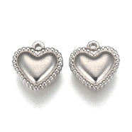 Tarnish Resistant 304 Stainless Steel Charms, Heart, Stainless Steel Color, 10x10x3mm, Hole: 1mm(STAS-F249-34P-A)