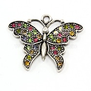 Alloy Butterfly Rhinestone Pendants, Grade A, Mixed Color, 28x34x3mm, Hole: 3mm(RB-M002-04)