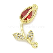 Rack Plating Brass Micro Pave Clear Cubic Zirconia Flower Connertor Charms, Rose Glass Links, Real 18K Gold Plated, Cadmium Free & Lead Free, Long-Lasting Plated, FireBrick, 26x14x4.5mm, Hole: 1.5mm(KK-Z043-03A)