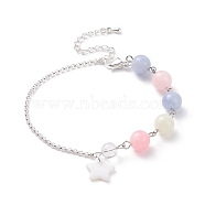 Natural White Jade(Dyed) Beaded Bracelet with 304 Stainless Steel Rolo Chains, Shell Star Charm Bracelet for Women, Silver, 7-3/8 inch(18.8cm)(BJEW-JB08145-05)