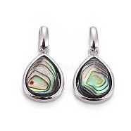 Natural Abalone Shell/Paua ShellCharms, with Brass Findings, Teardrop, Platinum, 14.5x10x4.5mm, Hole: 3x4mm(BSHE-F011-03B-P)