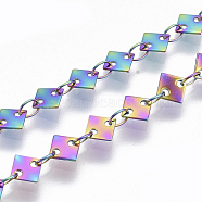 Ion Plating(IP) 304 Stainless Steel Link Chains, Rhombus Sequin Chains, Soldered, Rainbow Color, rhombus: 5.5x5.5x0.3mm, link: 3.6x2.3x0.3mm, about 39.37 inch(1m)/strand(CHS-S006-JN948-3)