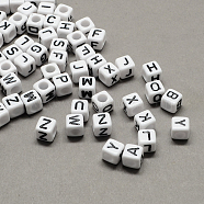 Large Hole Acrylic European Beads, Horizontal Hole, White & Black, Cube with Letter, Random Mixed Letters, 6x6x6mm, Hole: 4mm, about 2950pcs/500g(SACR-Q103-6mm-01)