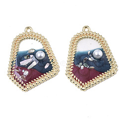 Epoxy Resin Pendants, with Shell and ABS Plastic Imitation Pearl, Light Gold Plated Alloy Open Back Bezel, Prussian Blue, 27x36x5mm, Hole: 1.8mm(RESI-S381-08B)