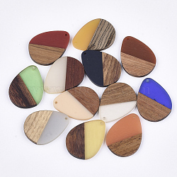 Resin & Walnut Wood Pendants, Teardrop, Mixed Color, 36x26.5x3~4mm, Hole: 2mm(RESI-S358-95)