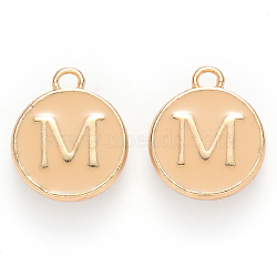 Golden Plated Alloy Enamel Charms, Cadmium Free & Lead Free, Enamelled Sequins, Flat Round with Letter, Wheat, Letter.M, 14x12x2mm, Hole: 1.5mm(X-ENAM-S118-06M)