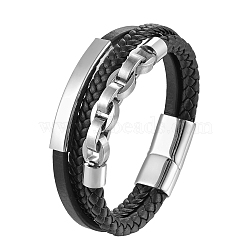 Imitation Leather Triple Layer Multi-strand Bracelets, Stainless Steel Magnetic Clasp for Men Women, Black, 8-1/4 inch(21cm)(PW-WGE5FDB-02)