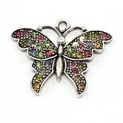Alloy Butterfly Rhinestone Pendants, Grade A, Mixed Color, 28x34x3mm, Hole: 3mm(RB-M002-04)