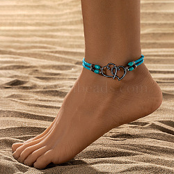 Double Heart Alloy Link Stretch Anklets, Synthetic Turquoise & Glass Seed Beaded Double Layer Necklaces, Gunmetal, Deep Sky Blue, Inner Diameter: 2-1/2 inch(65mm)(WGCB0A2-06)