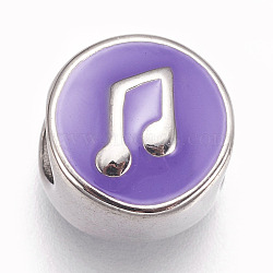 304 Stainless Steel European Beads, with Enamel, Large Hole Beads, Flat Round with Musical Note, Purple, Stainless Steel Color, 11x8mm, Hole: 5mm(STAS-O101-03P-08)