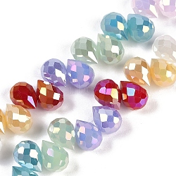 Electroplate Glass Beads Strands, Faceted, Teardrop, Colorful, 10x8mm, Hole: 0.8mm, about 56pcs/strand, 13.39''(34cm)(EGLA-B009-02)