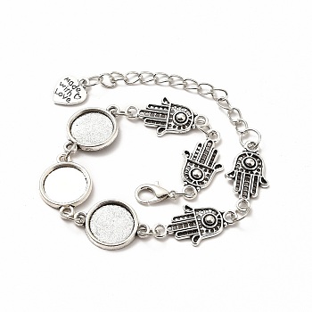 Alloy Bracelets & Anklets Making, Hamsa Hand Link Bracelet with Heart Charm, Blank Cabochon Setting, Antique Silver, 10-1/4 inch(25.9cm), Round Tray: 12mm