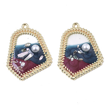 Epoxy Resin Pendants, with Shell and ABS Plastic Imitation Pearl, Light Gold Plated Alloy Open Back Bezel, Prussian Blue, 27x36x5mm, Hole: 1.8mm