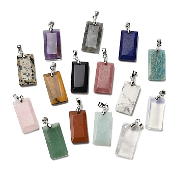 Natural Mixed Gemstone Faceted Pendants, Rectangle Charms with Stainless Steel Bails, Stainless Steel Color, 25x13x4mm, Hole: 5x4mm