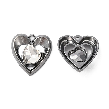Alloy Pendants, Glass with Heart Charms, Gunmetal, 20x18.5x5mm, Hole: 1.6mm