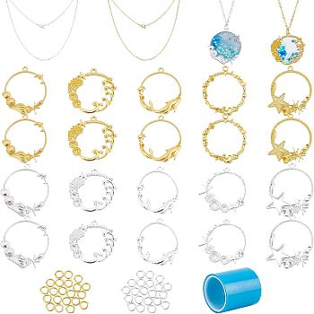 Alloy Open Back Bezel Pendants, For DIY UV Resin, Epoxy Resin, Pressed Flower Jewelry, Ocean Style, Ring, Lead Free & Cadmium Free, Golden & Silver, 20pcs/box