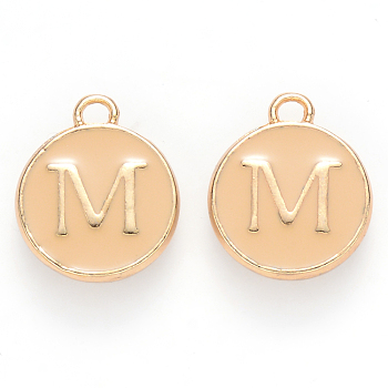 Golden Plated Alloy Enamel Charms, Cadmium Free & Lead Free, Enamelled Sequins, Flat Round with Letter, Wheat, Letter.M, 14x12x2mm, Hole: 1.5mm