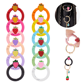 WADORN 12Pcs 12 Colors Spray Painted Alloy Spring Gate Rings, Round Ring with Strawberry, Mixed Color, 27x4~5mm, 1pc/color