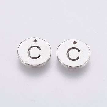 304 Stainless Steel Charms,  Flat Round with Letter, Stainless Steel Color, Letter.C, 10x1mm, Hole: 1mm