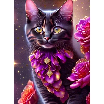AB Color Flower Cat DIY Diamond Painting Kit, Including Resin Rhinestones Bag, Diamond Sticky Pen, Tray Plate and Glue Clay, Magenta, 400x300mm