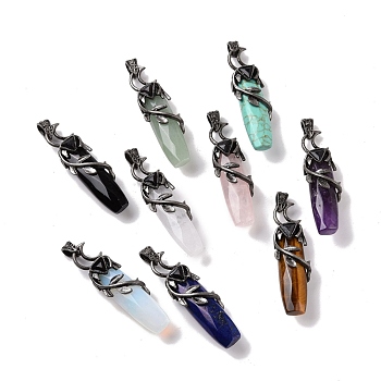 Natural & Synthetic Mixed Gemstone Big Pendants, with Rack Plating Brass Findings, Cadmium Free & Lead Free, Faceted, Column with Branch, 55.5~57x15x13.5~14mm, Hole: 6x4mm