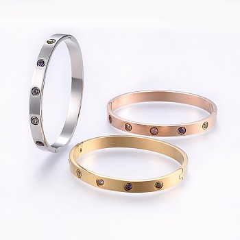 304 Stainless Steel Bangles, with Cubic Zirconia, Colorful, Mixed Color, 2-3/8 inch(6.1cm)x2-1/8 inch(5.3cm), 7mm