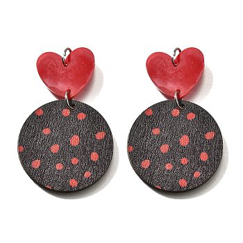 Poplar Pendants, Flat Round with Polka Dot Pattern & Heart Charms, with Arylic & Platinum Loop, FireBrick, 55.5x34.5x2.5mm, Hole: 5mm