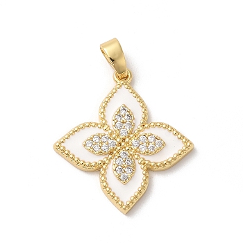 Rack Plating Brass Clear Cubic Zirconia Pendants, with Enamel, Long-Lasting Plated, Cadmium Free & Lead Free, Flower, Real 18K Gold Plated, 21.5x20x2mm, Hole: 5x3mm