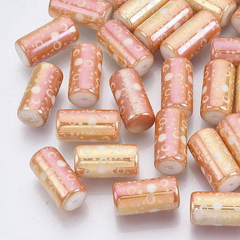 Electroplate Glass Beads, Column with Dot and Star Pattern, Sandy Brown, 20x10mm, Hole: 1.2mm, about 50pcs/bag