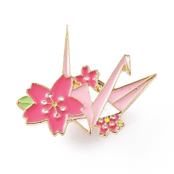 Pink Enamel Pin, Light Gold Alloy Badge for Backpack Clothes, Paper Crane Pattern, 26.5x32x2mm, Pin: 1mm