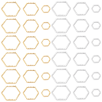 48Pcs 6 Style Brass Linking Rings, Long-Lasting Plated, Cadmium Free & Lead Free, Hexagon, Real 24K Gold & 925 Sterling Silver Plated, 6~12x6.5~13.5x1mm, Inner Diameter: 5~10.5x5~12mm, 8pcs/style