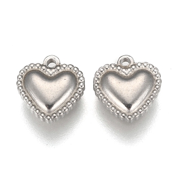 304 Stainless Steel Charms, Heart, Stainless Steel Color, 10x10x3mm, Hole: 1mm