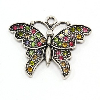 Alloy Butterfly Rhinestone Pendants, Grade A, Mixed Color, 28x34x3mm, Hole: 3mm