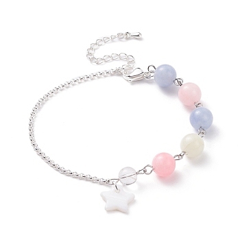 Natural White Jade(Dyed) Beaded Bracelet with 304 Stainless Steel Rolo Chains, Shell Star Charm Bracelet for Women, Silver, 7-3/8 inch(18.8cm)