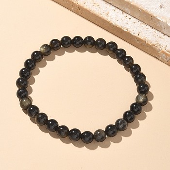 Natural Golden Sheen Obsidian Bead Stretch Bracelets, Round, 2 inch~2-3/8 inch(5~6cm), Bead: 5.8~6.8mm