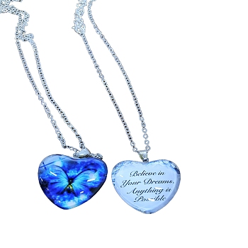Heart Glass Pendant Necklaces, with Platinum Alloy Chains, Blue, Pendant: 23x25mm